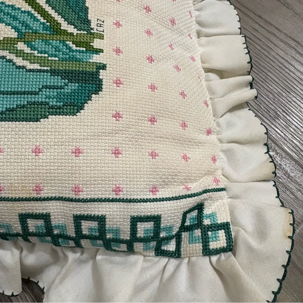 Vtg‎ Floral Cross-Stitch Needlepoint Tapestry Pillow Easter 15x16 Cottagecore